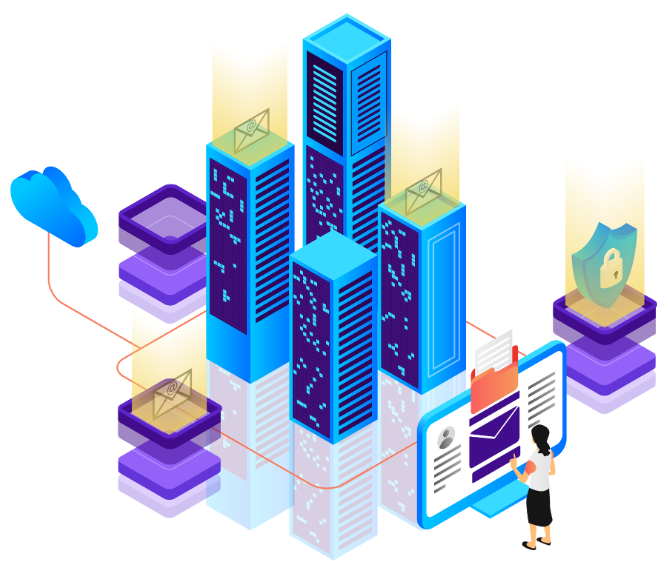 Infographic drawing showing how data is connected with woman using a giant screen connected to web hosting servers